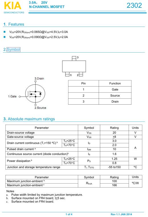 mos管KIA2302 3.0A/20V原廠供貨及PDF產(chǎn)品詳細(xì)資料-KIA MOS管