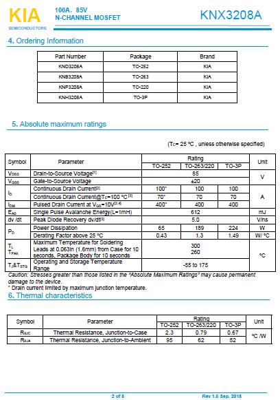 KNX3208A 100A/85V,低壓MOS管