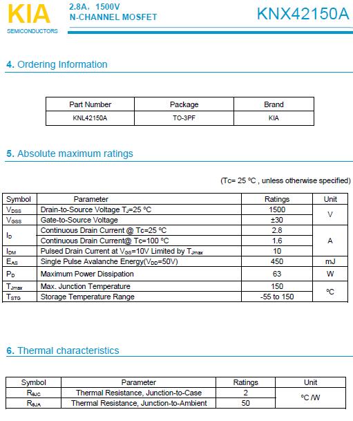 MOS管KNX42150A 2.8A 1500V