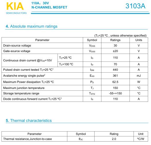 無人機MOS管,3103A,110A/30V