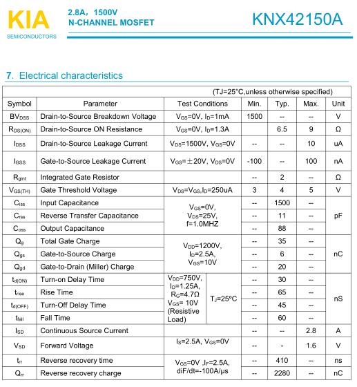 變頻器mos管,KNX42150A,2.8A/1500V