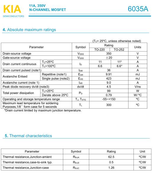MOS管,KIA6035A,11A/350V