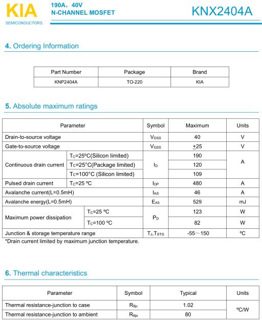 MOS管,KNX2404A替代IRF1404PBF,190A/40V