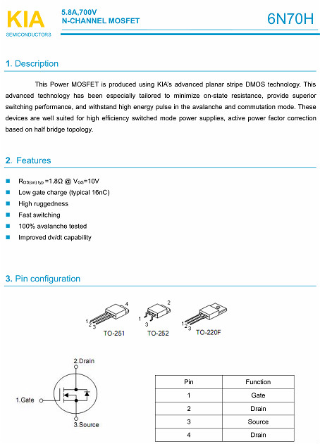 6N70H,5.8A/700V,MOS管