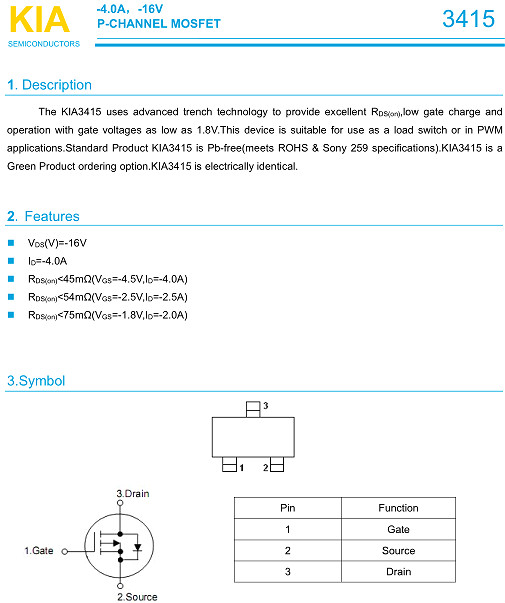MOS管,-4.0A/-16V,KIA3415
