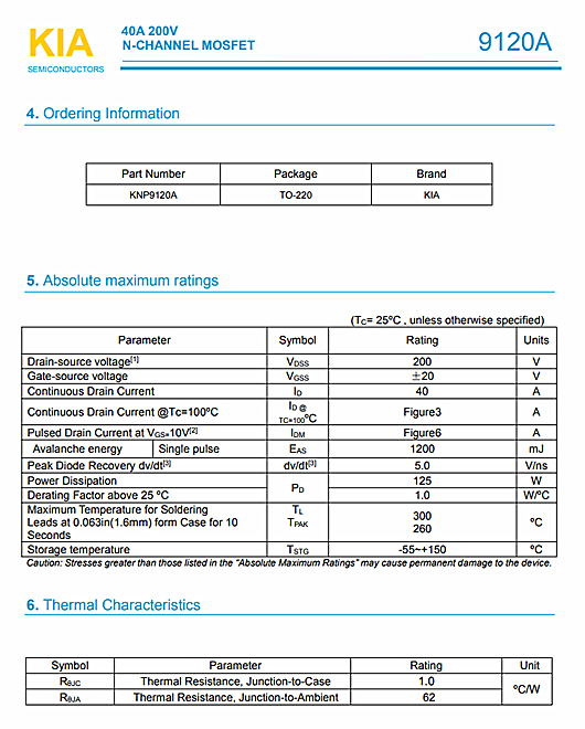 MOS管，KIA9120A，200V40A資料